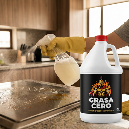 Aplicando Grasa Cero diluido en rociador sobre cocina