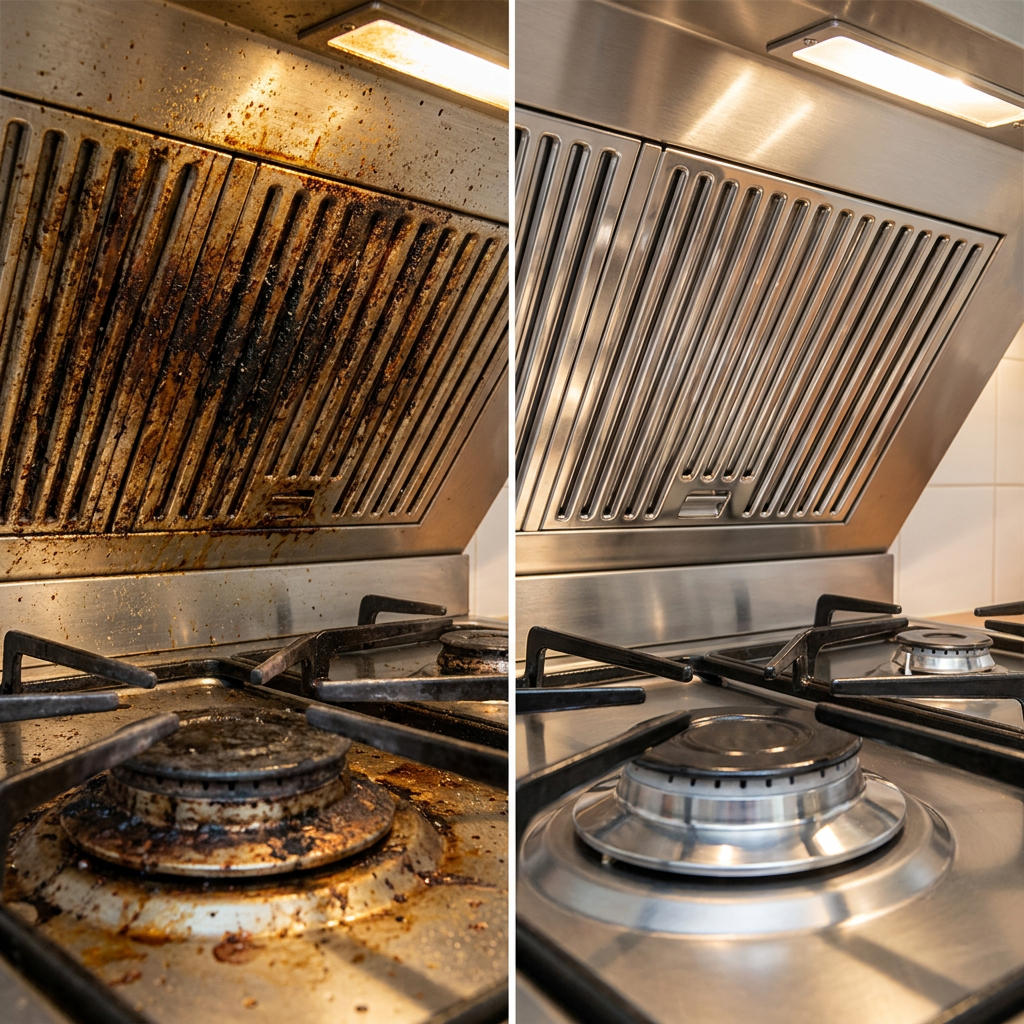 Antes y despues campana y hornalla con grasa quemada